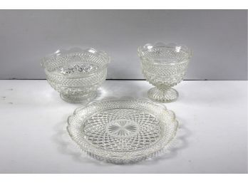 Anchor Hocking Wexford Glass, Two Pedestal Bowl And One Serving Plate