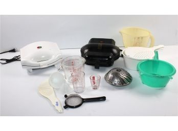 Sunbeam Waffle Maker, Small George Foreman Grill, Strainers, Glass Measuring Cups