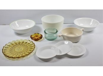 2 Corelle Serving Bowls, Three Small Plates, White Pyrex Mixing Bowl, Miscellaneous Glass