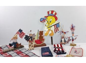 Patriotic Lot-54 X 75 Tablecloth, Wood Items, Spangle Beanie Etc