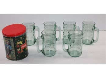 Coca-Cola Tin And 6 Mug Type Glasses