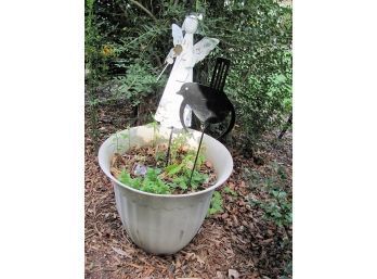 16 Inch Plastic Pot With Metal Garden Angel And Other Item