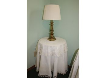 Solid Brass Stiffel 25 Inch Lamp With Particle Board 25 In Table With Handmade Vintage Crochet Table Topper