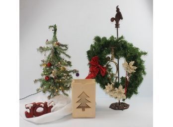 Joy Wreath On Metal Stand, Small Tree, Snow And Resin Joy, Ceramic Luminary, Snow