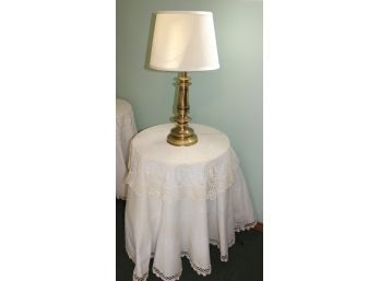 Solid Brass Stiffel 25 In Lamp With Round Particle Board Table With Handmade Vintage Crocheted