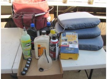 Miscellaneous Lot-oil, Tool Bucket, 4 Chair Cushions
