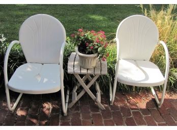 Two White Retro Lawn Chairs, Table And Flowers Excellent Condition