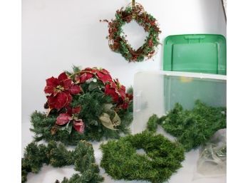 Tote With Lid And Large Centerpiece With 2 Wreaths And Miscellaneous Greenery