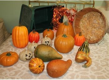 Fall Lot 1- Rubbermaid Tote With Pumpkin Ivan 3 Ceramic, Lighted Wreath, Old Wooden Laundry Basket