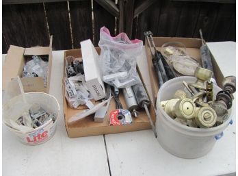 Assortment Of Storm Door Parts, Bucket Of Door Knobs And Hinges