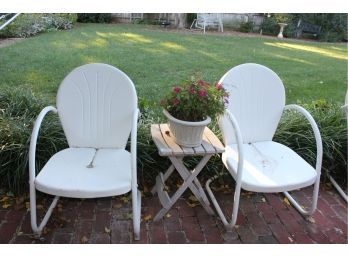 Lot 2-two White Retro Lawn Chairs, Table And Flowers Excellent Condition