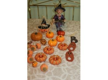 Fall Lot #3-cute Porcelain Witch Doll, Pumpkins-some Ceramic