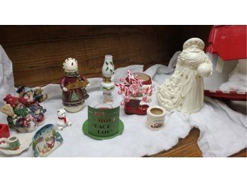 More Christmas-ceramic Father Time And Many Christmas Decorations, Including Kerosene Lamp With Tote
