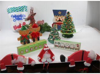 Christmas Decor-ceramic Tree, Wood Shelf Santas, Two Wood Elves, Paper Mache Deer, See Description