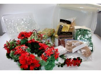 Two Tote With Lids One With Clear Bulbs, One With Small Poinsettia Centerpieces, Miscellaneous Garland
