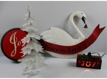 Swan Peace On Earth Metal Yard Art 26 X 18, Cardboard Joy Box, 21 Inch Metal And Mesh Tree