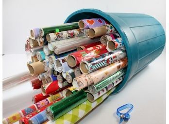 Plastic Trash Can With Variety Of Wrapping Paper