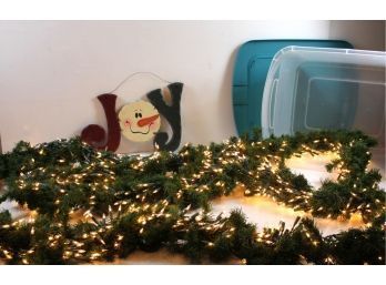 Tote With Lid With Approximately 20 Ft Of Heavily Lighted Garland And A Cute Wood ' Joy '