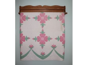 46 Inch Oak Quilt Hanger With Vintage 82 Inch X 95 Quilt-Rose Of Sharon With Pink And Green On White Fabric