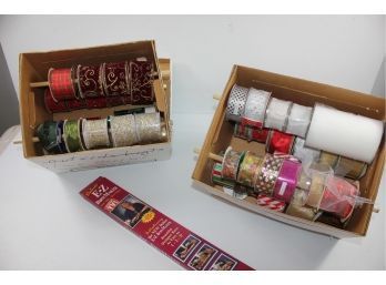 2 Lot Super Organized Boxes Of Ribbon On Dowel Rods Plus A Bow Maker