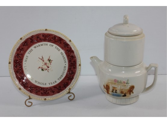 Vintage Drip-o-lator Teapot- Porcelier Brand And Christmas Decorative Plate