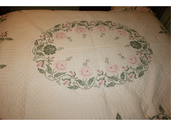 Appears To Be Hand-sewn Quilt With Green And Pink Cross Stitch 82 X 94 Nice Shape