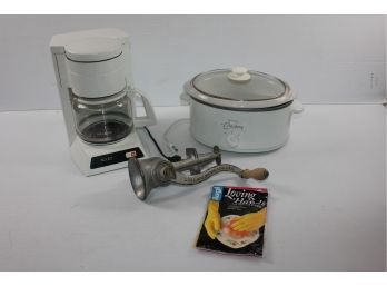 West Bend Crock Pot And Acce 10 Cup Coffee Pot, L F C New Britain Meat Grinder-no Additional Attachments