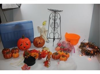 Fall Decor - Metal Skeleton Candle Holder, Ceramic Pumpkin, Lighted Wreath, All In Tote With Lid