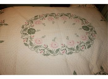 Appears To Be Hand-sewn Quilt With Green And Pink Cross Stitch 82 X 94 Nice Shape