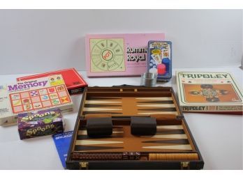 Backgammon In Leather Case, Rummy Royal, Slinky, Deluxe Uno, Tripoley, Memory, Spoons