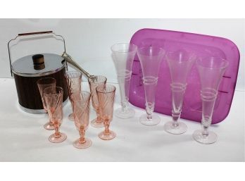 Tub With Lid And 6 Vintage Pink Wine Glasses, 4 Hand Blown Champagne Flutes, Ice Bucket