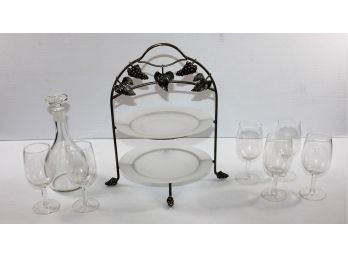 Decanter And 6 Stemware Glasses With An' H' On Them And Two Tier Silver Serving Dish With Glass Plates