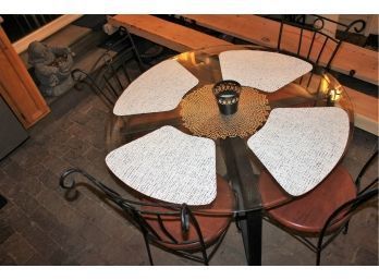Glass Top Patio Table # 2 With Metal Frame & 4 Chairs With Wood Seat And Metal Frame-42 In HD X27 Tall