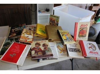 Assortment Of Cookbooks In Plastic Tote