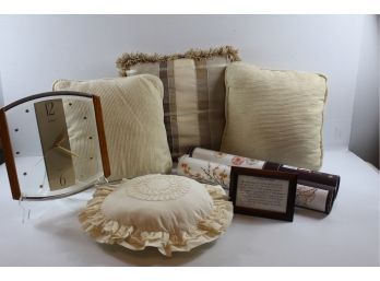 4 Couch Pillows, Two Wall Accents, Clock