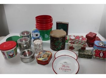 Christmas Containers, Two Metal Plates, Tins, Plastic Buckets With No Lids