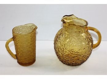 1960s Anchor Hocking Crinkled Lido Milano Amber Pitcher  And Soreno Amber  Pitcher