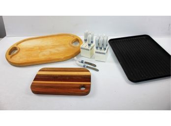 Two Vintage Appetizer/dessert Knife Set In Wooden Block, Cutting Boards, Serving Tray, Black Tray
