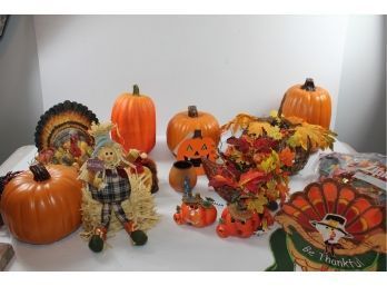 Large Fall Lot-  Plastic Pumpkins, Flag Scarecrow, Turkey, Etc In Very Large Tote With Lid