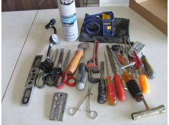 Assorted Hand Tools, Scissors, Level, Screwdrivers, Irwin Lockset Tool, R134a Freon And Hose