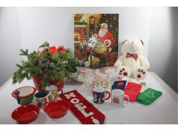 Christmas Miscellaneous-swag, Basket With Greenery, Stuffed Bear, Napkins, Cups, Dip Bowl Etc