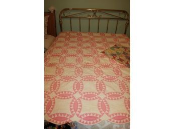 Vintage Hand-sewn 70 X 77 Pink Quilt Has A Couple Tears And Some Stains - See Description