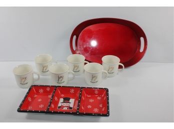 Plastic Tray With 6 'Joy' Cups And Ceramic Divided Serving Dish
