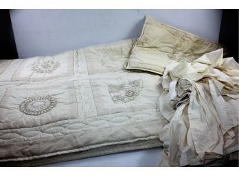 Beautiful Handcrafted Bedspread-ecru Color - Bed Skirt-2 Shams-some Discoloration 77 X 90 Tote With Lid