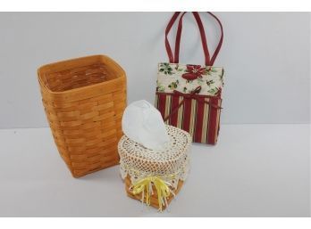 2 Longaberger Baskets And One Lunch Bag - Small Trash Can And Kleenex