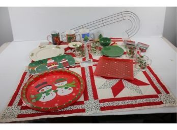 Hand-sewn Quilted 32 X 32 Square Christmas Tree Skirt For Small Tree Plus Misc Dishes, Metal Candy Cane