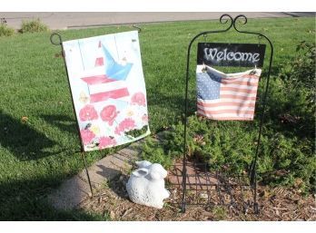 Metal Welcome Plant Stand 36 In, Flag Holder, (flag Ripped) Small Rabbit 9 In