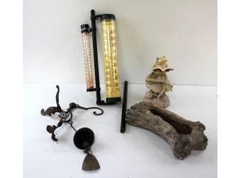 Garden Pieces, Metal Hummingbird Hanger-rain Gauge And Thermometer