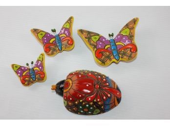 3 Hand-painted Talavera Pottery Mexico Butterflies And One Ladybug