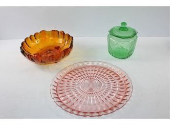 Colored Glass Lot-amber Bowl, Pink Platter, Anchor Hocking Mayfair Open Rose Cookie Jar